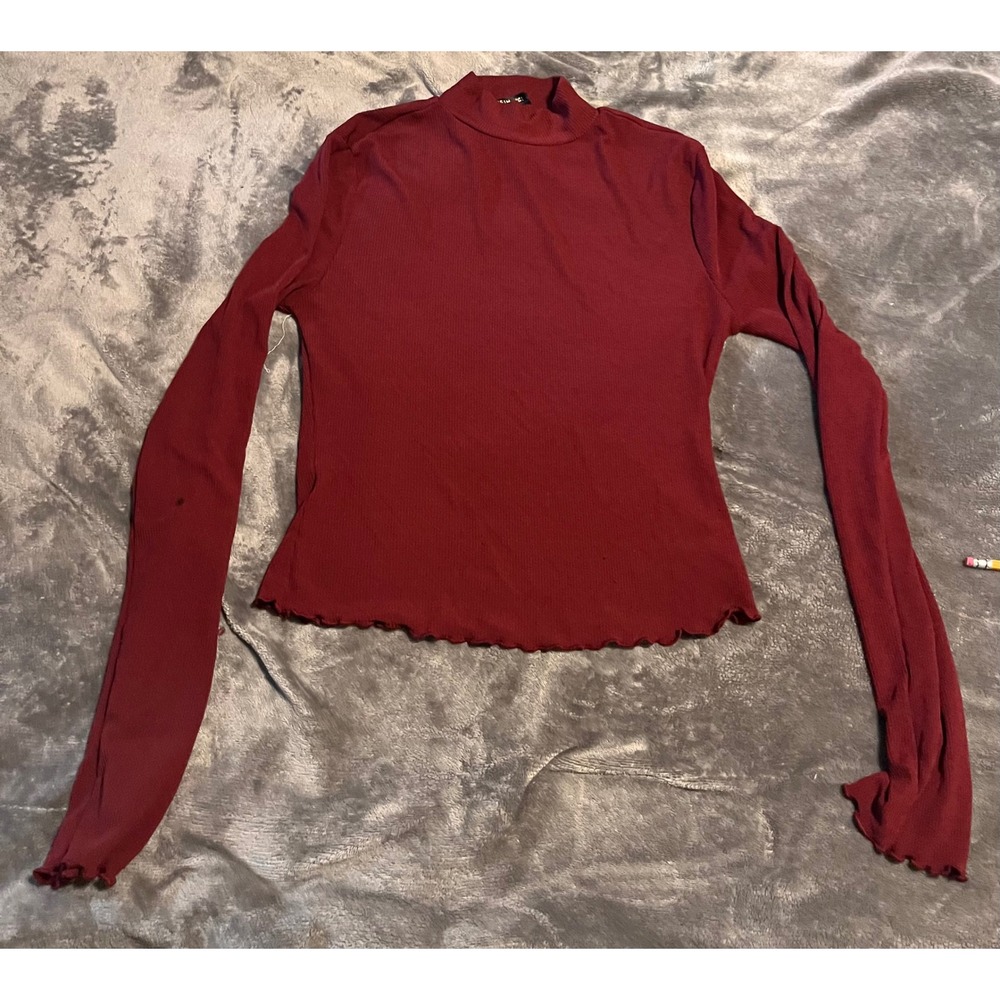 SHEIN Burgundy Ribbed Mock Neck Long Sleeve Lettuce Edge Top Large